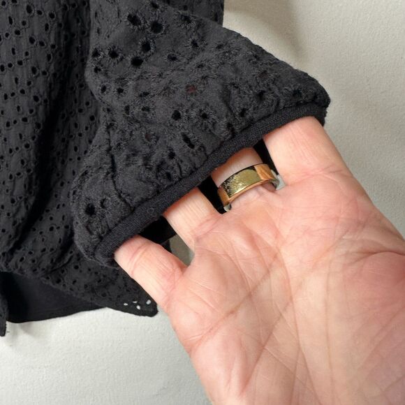 Allison Joy Black Eyelet Lace Front Tie 3/4 Sleeve Round Neck Blouse XS - Picture 6 of 10